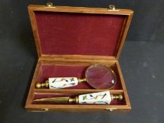 A cased pietra dura magnifying glass and letter opener