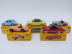 Five Atlas Editions Dinky Toys diecast model vehicles comprising Volkwagen Karmann Ghia 24M,
