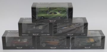 Six Neo 1:43 scale diecast model cars comprising limited edition MGR V8 Blue, MGR V8 Red,