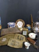 A carved wooden box, jewelled Coalport plate, Royal Doulton, brass carriage clock,