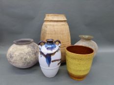 A large turned treen vase, modern and retro glass and ceramics including Poole pottery,