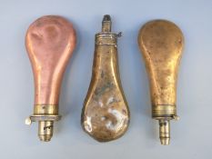 Three Sykes copper and brass powder flasks,