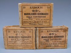 Thirty Kynoch 6.5mm Mannlicher-Schonauer pre-1928 rifle cartridges, in three original boxes.