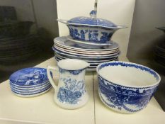 A group of Staffordshire blue and white ceramics including Wedgwood Ivanhoe example