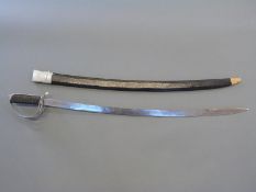 An Indian curved sword with leather scabbard,