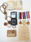 WWII medals awarded to A R Ellis, together with escape map, compass,