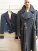 RAF great coat with buttons and rank badges together with RAF mess dress jacket and waistcoat