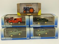 Five Universal Hobbies 1:43 scale diecast model farm vehicles comprising four Land Rover cars and