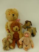 Five vintage teddy bears including mohair monkeys and a donkey,
