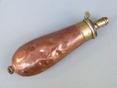 James Dixon & Sons copper and brass pistol powder flask with suspension loop,