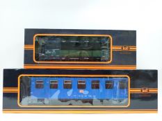 Three Train G gauge wagons and a coach, 757-5805 and 757-5803, in original boxes.