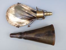 Two horn powder flasks, one with horn body and cap and wooden base (17.