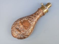 G & J W Hawksley copper and brass powder flask with embossed decoration of a stag and a dog on