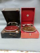 Two vintage wind-up gramophones, one by Antonia in red Rexine finish,