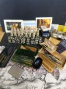 A quantity of silver plate and other collectables including cased drawing sets,
