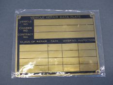 An unused military vehicle repair data plate, 8.