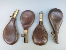 Four leather and brass shot flasks including G & J W Hawksley,