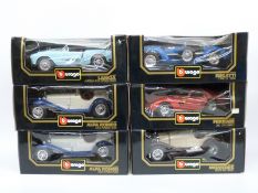Six Burago 1:18 scale diecast model sports cars comprising two Alfa Romeo 2300 Spiders,
