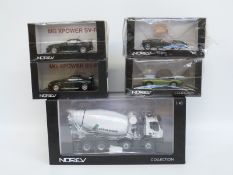 Five Norev 1:43 scale diecast model vehicles including MG, Renault Lafarge Cement Mixer etc,