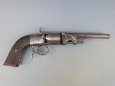 Belgian 80 bore six-shot percussion revolver with engraved lock, frame and spurred trigger guard,