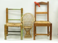 Three doll's or child's chairs, two with rush seats,