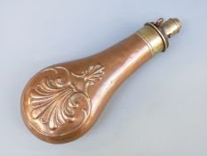 G & J W Hawksley copper and brass powder flask with embossed scrolling decoration,