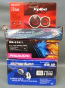 A collection of in-car sound equipment to include boxed speakers comprising Strike S3.