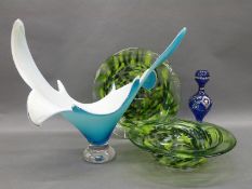 Four pieces of studio glassware including a large Murano abstract bowl (42cm tall) green mottled
