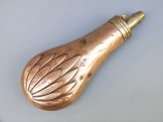G & J W Hawksley copper and brass powder flask with embossed acanthus leaf decoration,