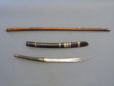 Malayan sword with wire bound grip, brass bound scabbard and 39cm blade,