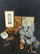 After Albrecht Durer carved hands plaque, copper money box, treen, miniature books, cut glass,