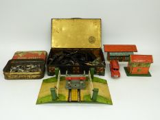 A quantity of Hornby O gauge track and buildings including signal box,