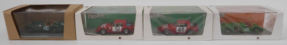 Four Minimax Bizarre 1:43 scale diecast model racing cars comprising Austin Healey Sprite LM1966,