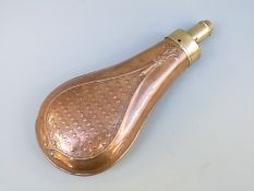 G & J W Hawksley copper and brass powder flask with embossed floral decoration, 19.