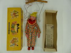 Pelham Puppets SS Clown with polka dot jump suit, red ruffle and yellow hat and grey hair,