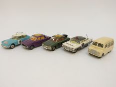 Five Corgi Toys diecast model vehicles comprising Bedford Utilecon Ambulance, Cheverolet Impala,