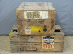 Two United States of America WWII wooden crates with clenched hands lend lease labels,