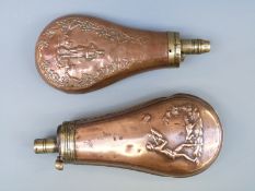 Two copper and brass powder flasks with embossed decoration of gentlemen shooting with dogs,