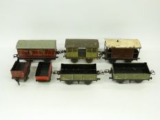 Seven Hornby 0 gauge wagons etc including cattle wagon and tenders