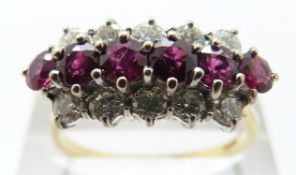 An 18ct gold ring set with six rubies and two rows of round cut diamonds