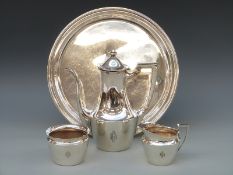 Tiffany & Co sterling silver three-piece coffee set on matching Tiffany & Co tray,