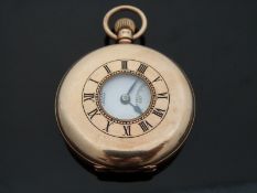 J W Benson 9ct gold keyless winding half hunter gentleman's pocket watch with black enamel Roman