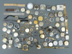 A collection of wristwatches, wristwatch parts and pocket watch movements, including Seiko, Timex,