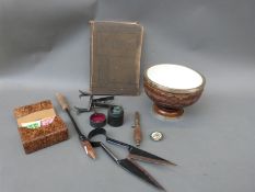 Collectables including mole trap, shears, playing cards, Victorian work book, cased measuring glass,