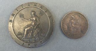 George III 1797 cartwheel penny and a George IV 1826 farthing
