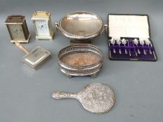 A quantity of silver plate to include pedestal bowl, pierced dish, carriage clocks, cased cutlery,