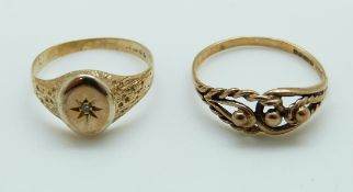 A 9ct gold ring set with a diamond and another 9ct gold ring, 4.