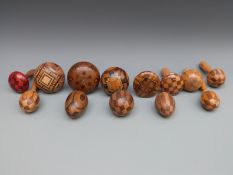 Thirteen 19th and 20thC inlaid Tunbridge ware wood/treen darning or sewing mushrooms and eggs