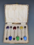 A cased set of six hallmarked silver and guilloché enamel coffee bean spoons,