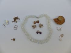 A moonstone necklace, shell pendant, moonstone earrings, silver and pearl necklace,